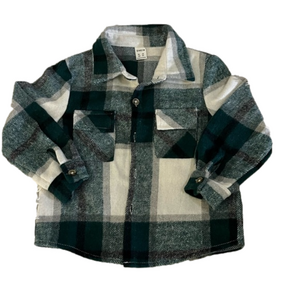 Green White kids Size 4 Flannel Button Down Shirt Jacket Pockets Unisex soft